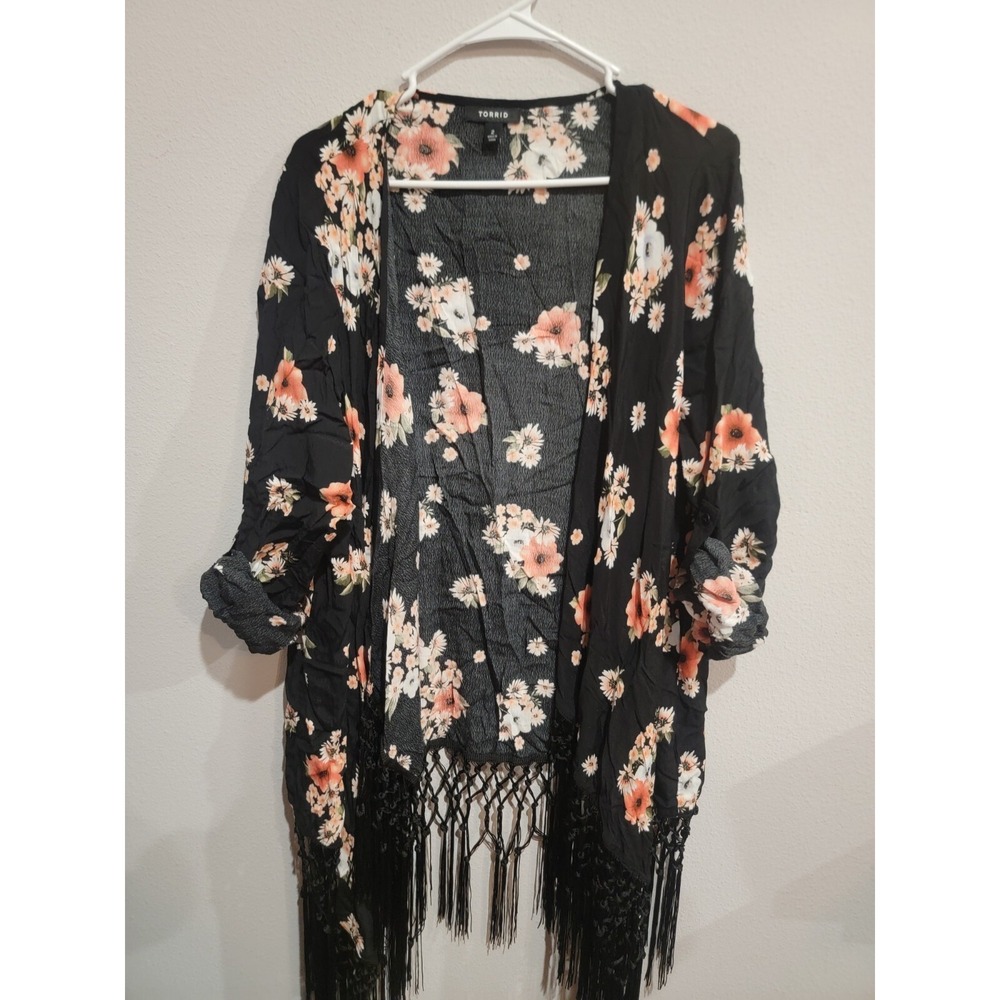 Torrid Black Floral Print Crepe Fringe Kimono Cardigan Womens Plus Size 2 2X